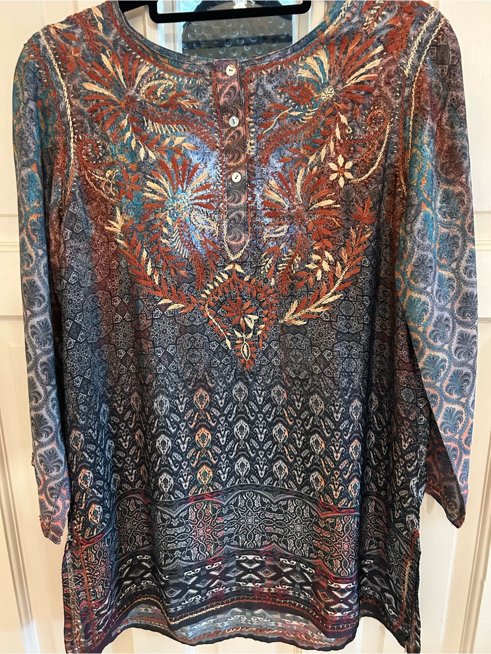 lola P. Multicolor Paisley Tunic in Teal, Rust & Cream